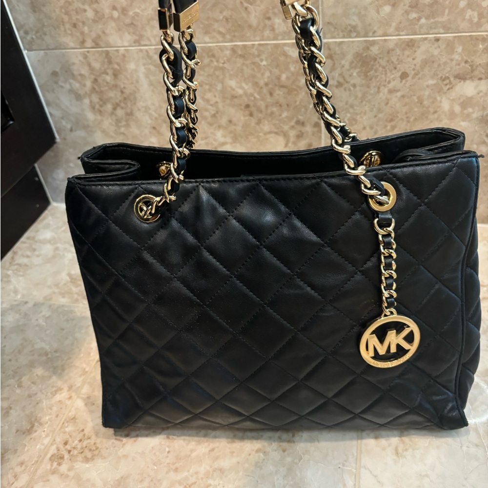 Michael Kors Black Quilted Shoulder Bag with Gold Accents